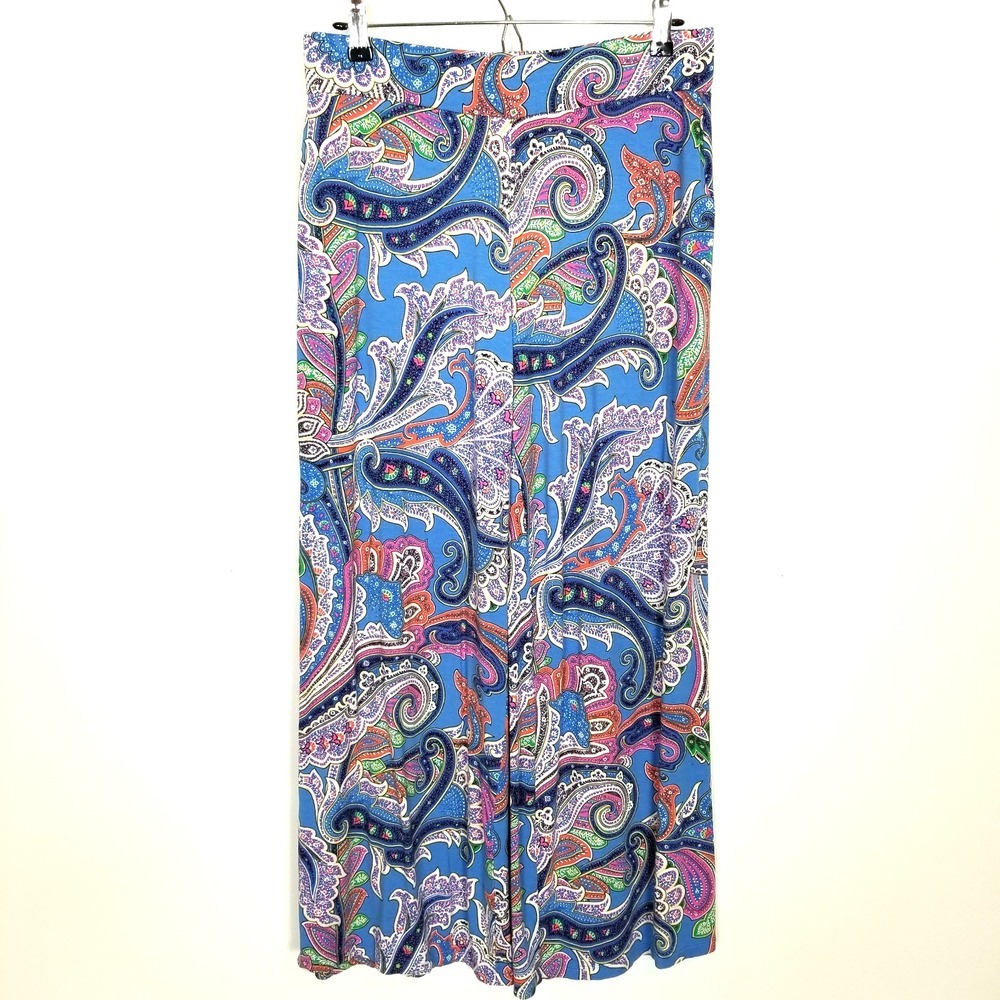 Ralph Lauren Women Knit‎ Wide Led  Pants Sz M Petite Blue Paisley Boho Pull On